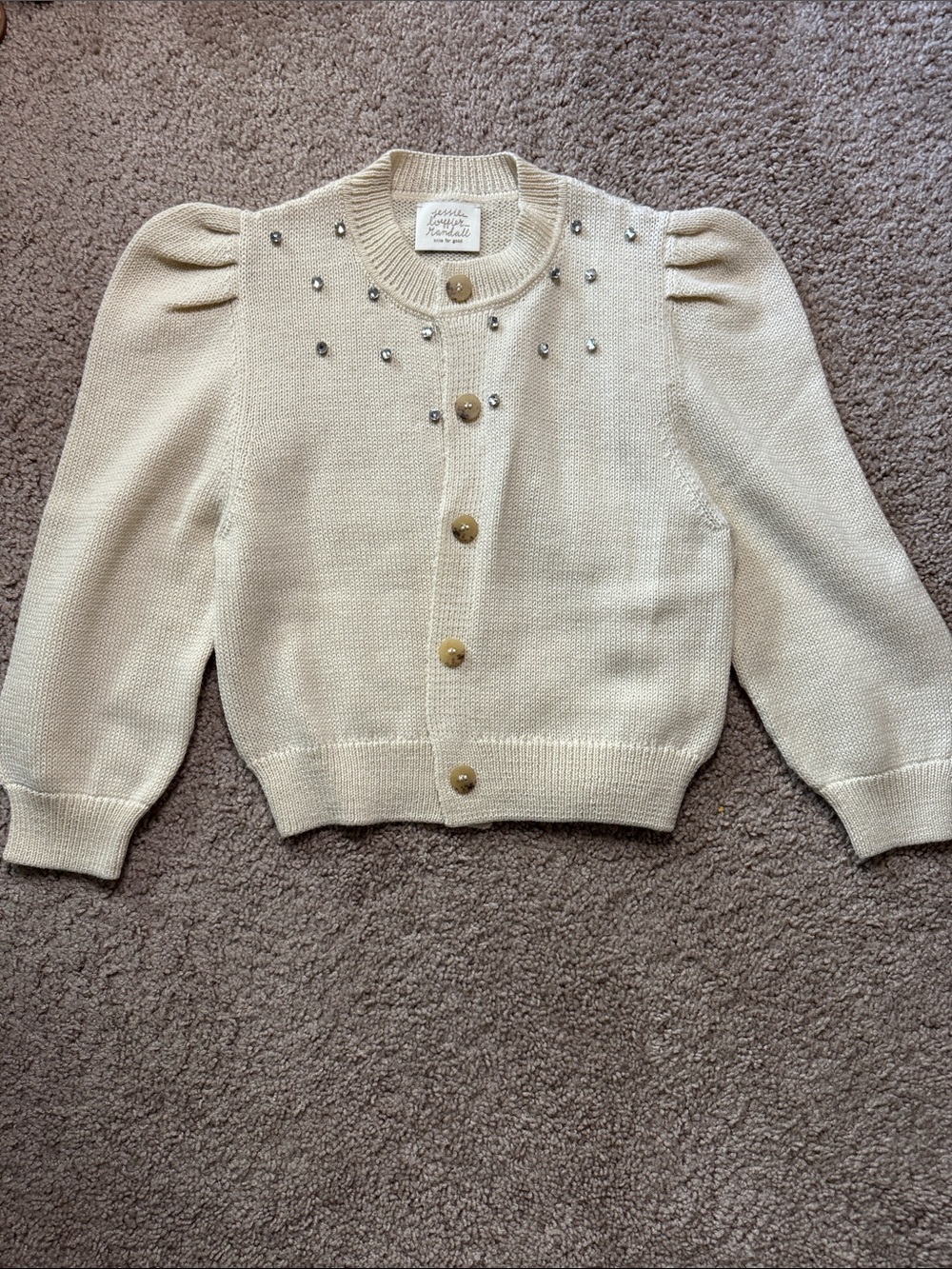Cream Puff-Sleeve Beaded Knit Cardigan